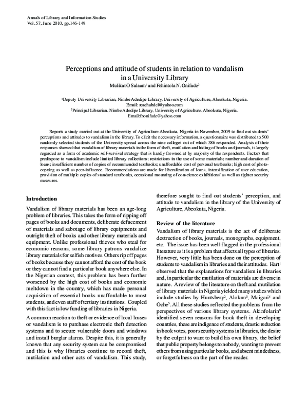 (PDF) Perceptions and attitude of students in relation to vandalism in ...