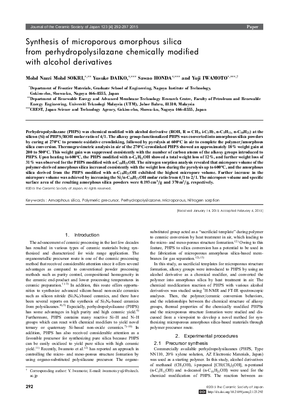 First page of “Synthesis of microporous amorphous silica from perhydropolysilazane chemically modified with alcohol derivatives”