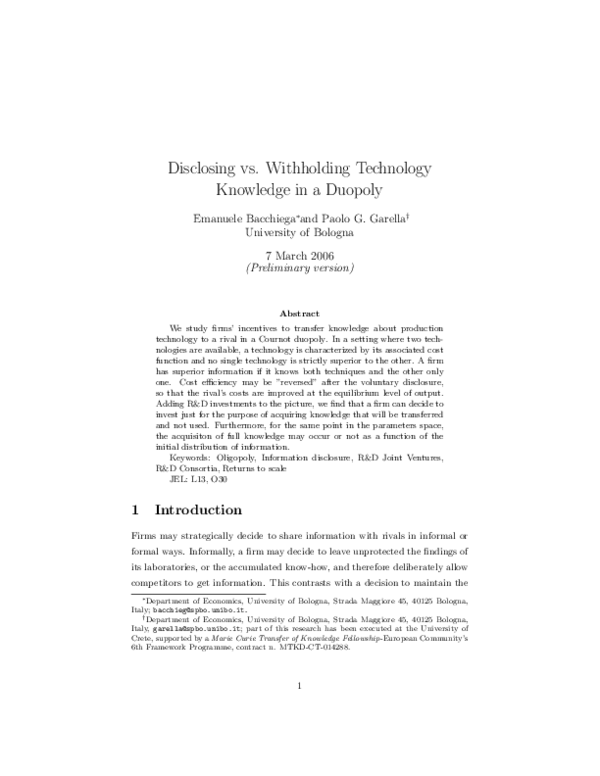 (PDF) Disclosing vs. Withholding Technology Knowledge in a Duopoly