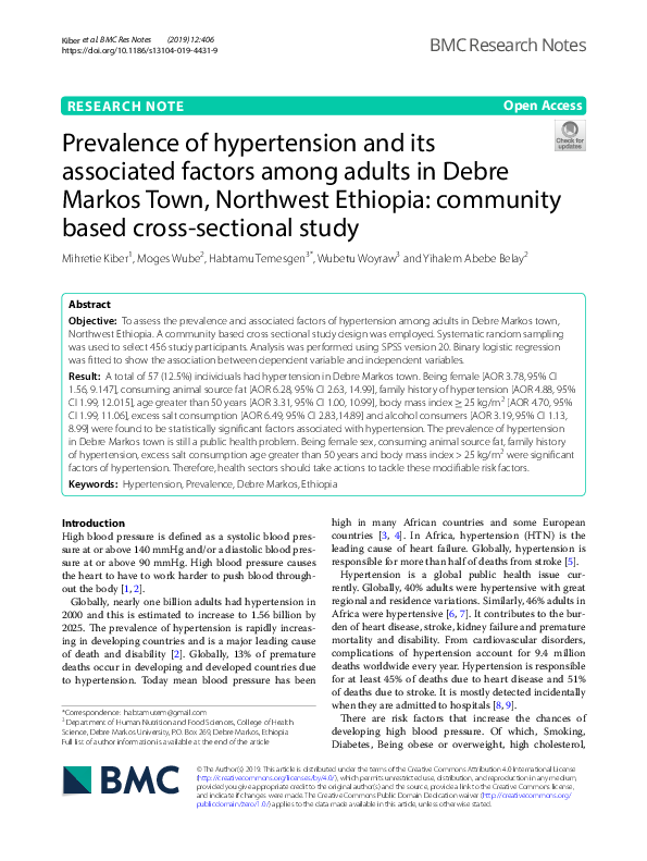 (PDF) Prevalence of hypertension and its associated factors among ...