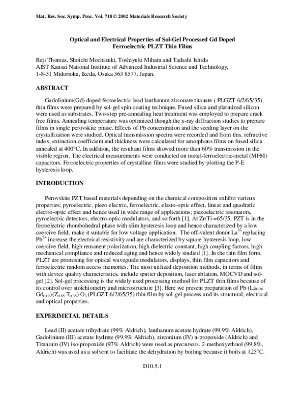 (PDF) Optical and Electrical Properties of Sol-Gel Processed Gd Doped ...
