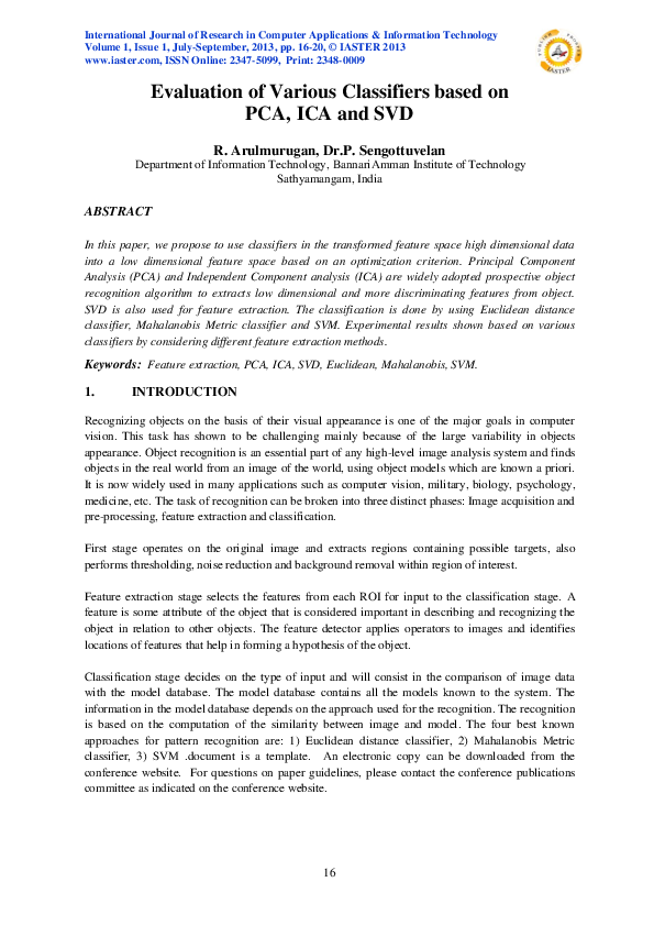 (PDF) Evaluation of Various Classifiers based on PCA, ICA and SVD