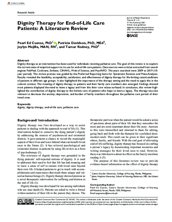 (PDF) Dignity Therapy for End-of-Life Care Patients: A Literature ...