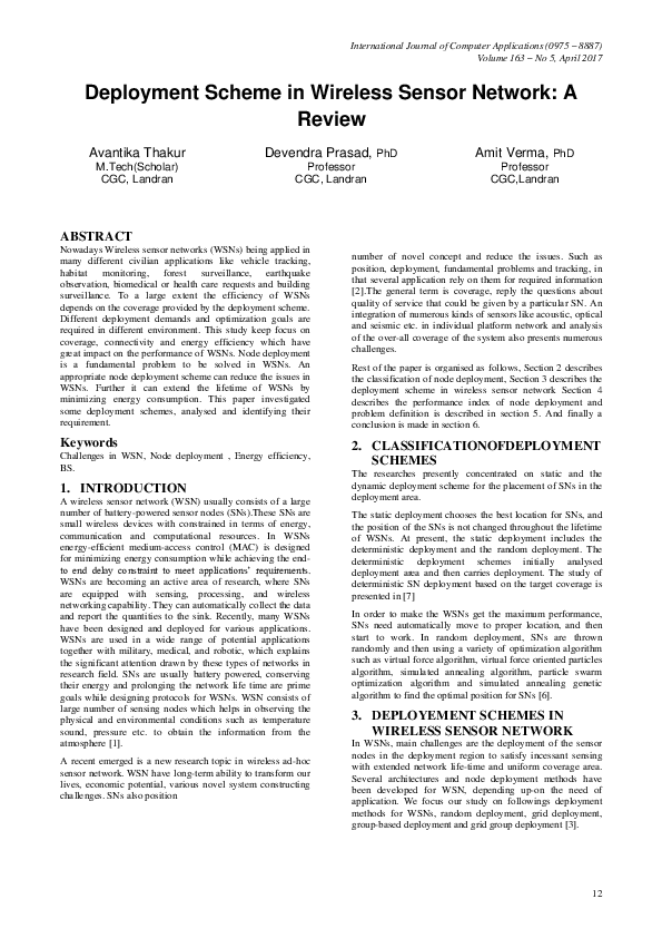 (PDF) Deployment Scheme in Wireless Sensor Network: A Review