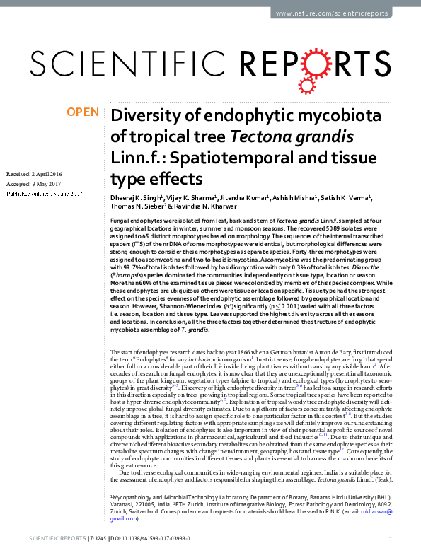 (PDF) Diversity of endophytic mycobiota of tropical tree Tectona ...