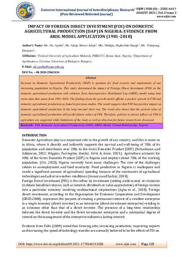 (PDF) IMPACT OF FOREIGN DIRECT INVESTMENT(FDI) ON DOMESTIC AGRICULTURAL ...