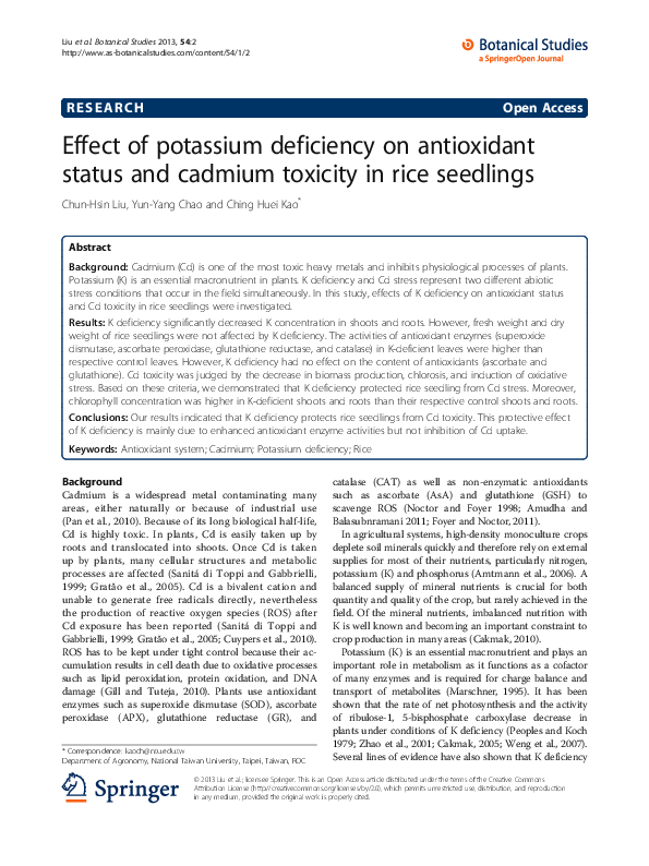 (PDF) Effect of potassium deficiency on antioxidant status and cadmium ...
