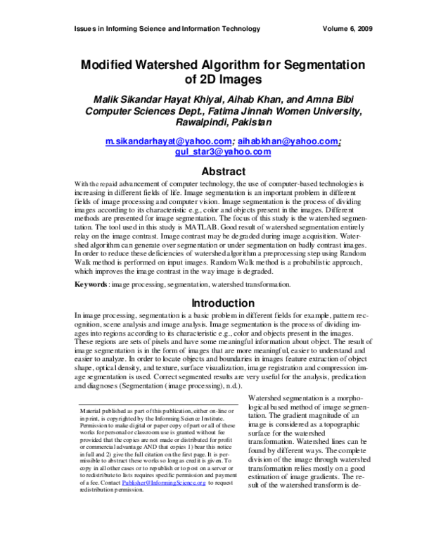 (PDF) Modified Watershed Algorithm for Segmentation of 2D Images