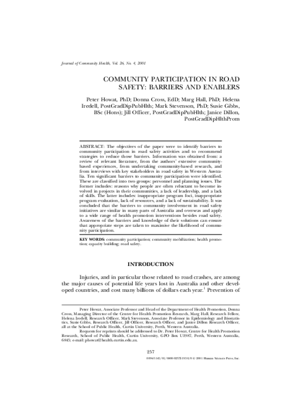 (PDF) Community participation in road safety: barriers and enablers