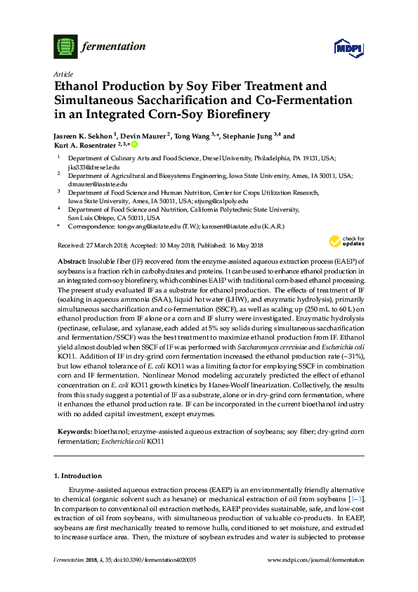 (PDF) Ethanol Production by Soy Fiber Treatment and Simultaneous ...