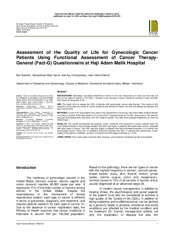 (PDF) Assessment of the Quality of Life for Gynecologic Cancer Patients ...