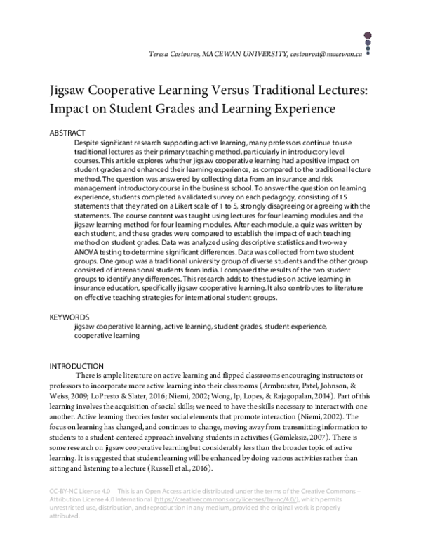 (PDF) Jigsaw learning versus traditional lectures Impact on student