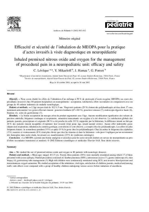 (PDF) Efficacité et sécurité de l’inhalation de MEOPA pour la pratique ...