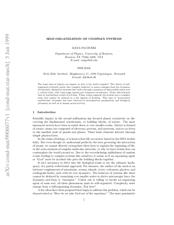 (PDF) Self-Organization of Complex Systems