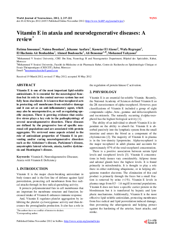 (PDF) Vitamin E in ataxia and neurodegenerative diseases: A review