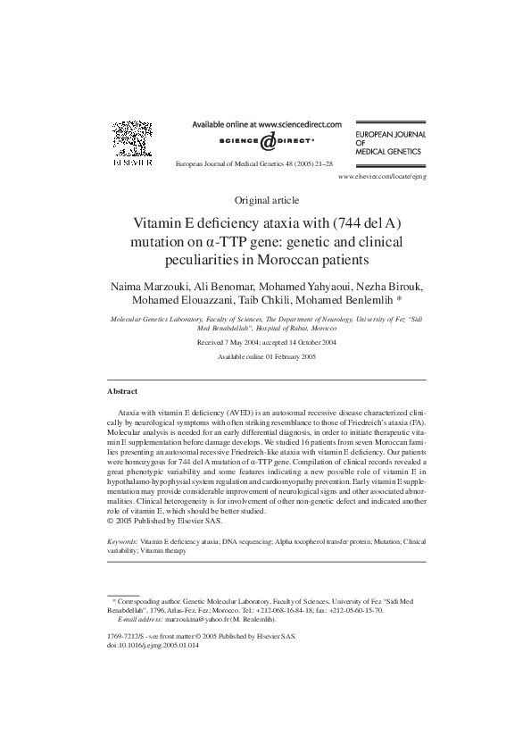 (PDF) Vitamin E deficiency ataxia with (744 del A) mutation on α-TTP ...