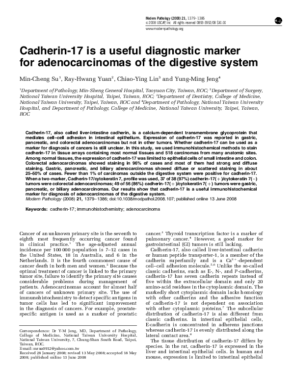 (PDF) Cadherin-17 is a useful diagnostic marker for adenocarcinomas of ...