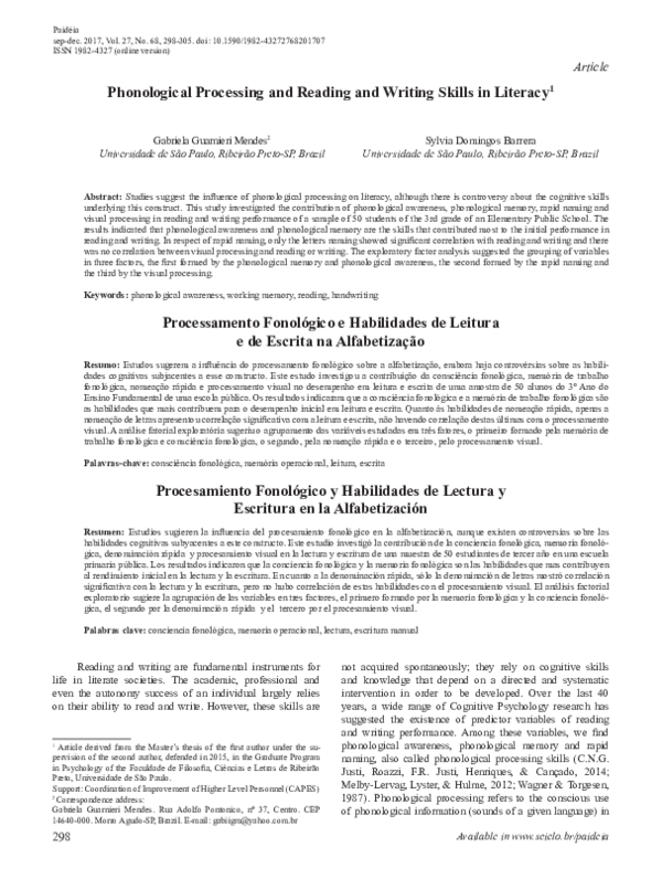 (PDF) Phonological Processing and Reading and Writing Skills in Literacy