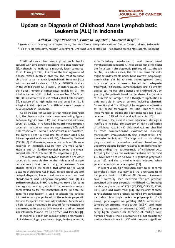 (PDF) Update on Diagnosis of Childhood Acute Lymphoblastic Leukemia ...