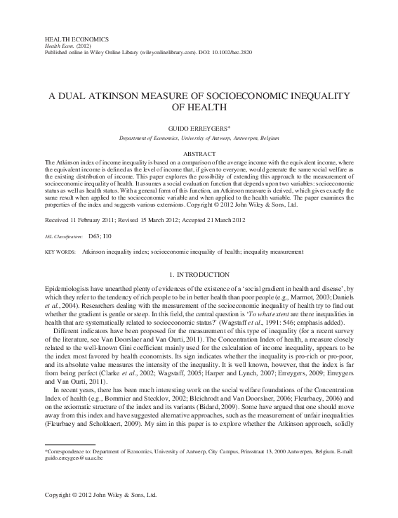 (PDF) A Dual Atkinson Measure of Socioeconomic Inequality of Health