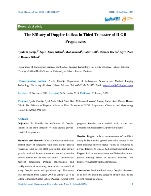 (PDF) The Efficacy of Doppler Indices in Third Trimester of IUGR ...