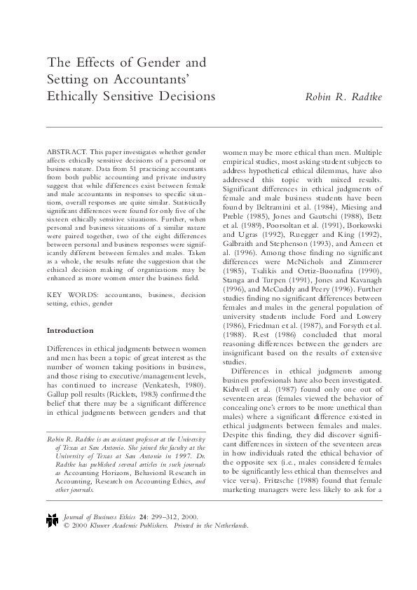 (PDF) The Effects of Gender and Setting on Accountants' Ethically ...