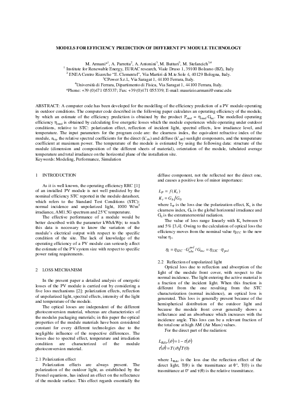 (PDF) Models for Efficiency Prediction of Different PV Module Technology