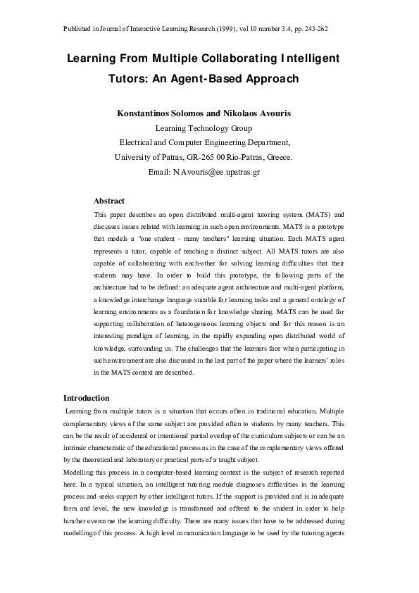 (PDF) Learning from multiple collaborating intelligent tutors: an agent ...