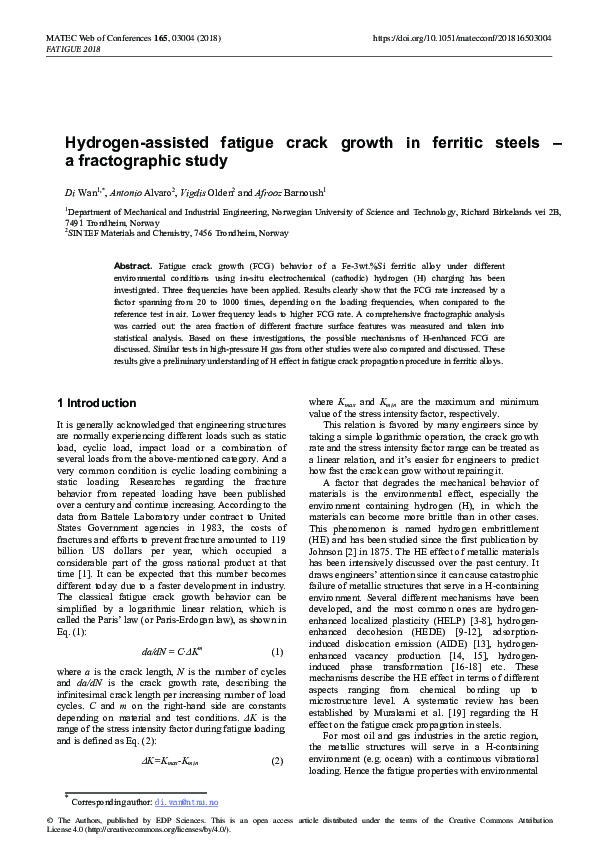 (PDF) Hydrogen-assisted fatigue crack growth in ferritic steels – a ...