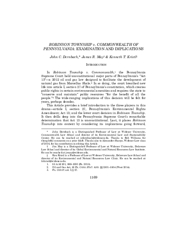 (PDF) Robinson Township v. Commonwealth of Pennsylvania Examination and Implications James R