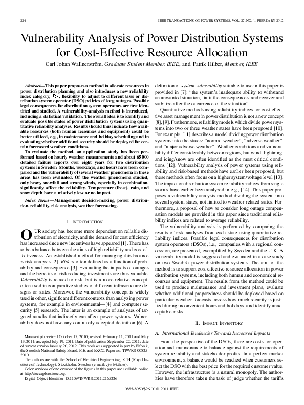 (PDF) Vulnerability Analysis of Power Distribution Systems for Cost ...
