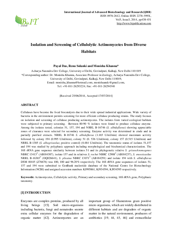 (PDF) Isolation and Screening of Cellulolytic Actinomycetes from ...