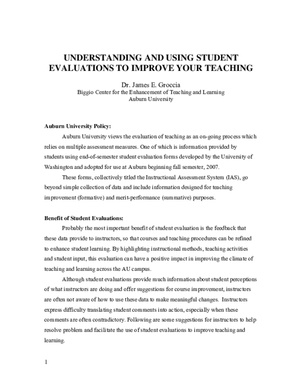 (PDF) Understanding and Using Student Evaluations to Improve Your Teaching