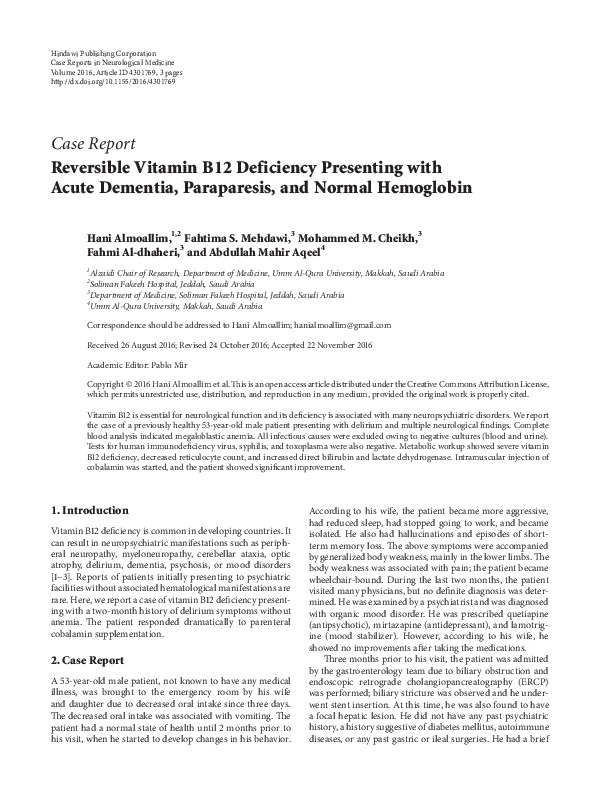 (PDF) Reversible Vitamin B12 Deficiency Presenting with Acute Dementia