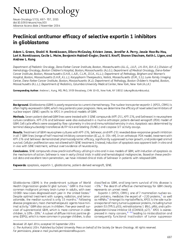 (PDF) Preclinical antitumor efficacy of selective exportin 1 inhibitors ...