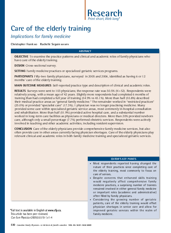 (PDF) Care of the elderly training: Implications for family medicine