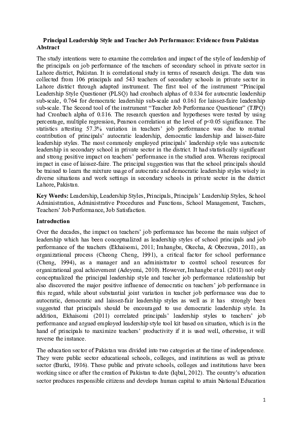 (DOC) Principal Leadership Style and Teacher Job Performance: Evidence ...
