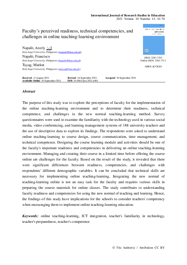 (PDF) Faculty's perceived readiness, technical competencies, and ...