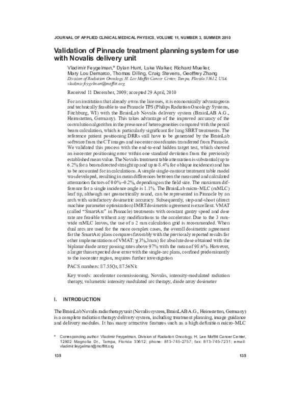 (PDF) Validation of Pinnacle treatment planning system for use with ...