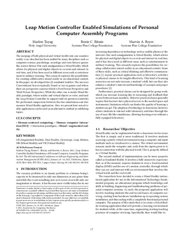 (PDF) Leap Motion Controller Enabled Simulations of Personal Computer ...