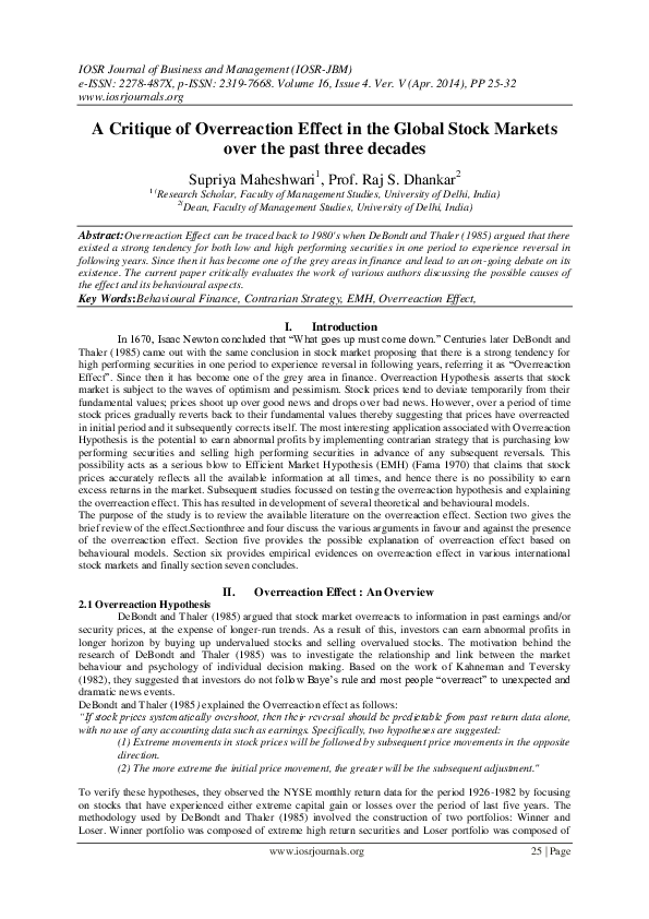 (PDF) A Critique of Overreaction Effect in the Global Stock Markets ...
