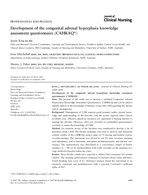 (PDF) Development of the congenital adrenal hyperplasia knowledge
