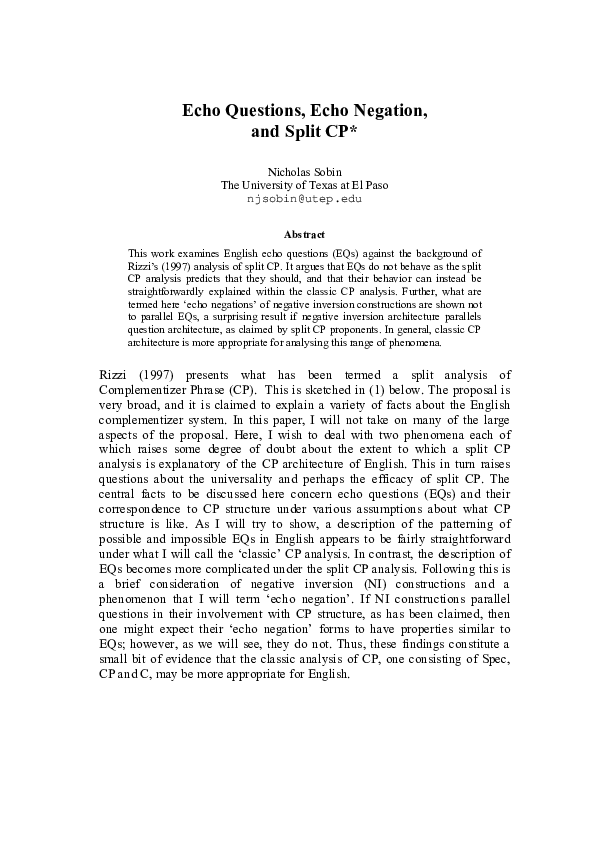 (PDF) Echo Questions, Echo Negation, and Split CP