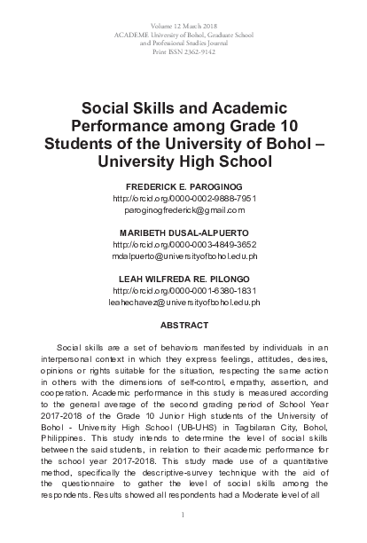 (PDF) Social Skills and Academic Performance among Grade 10 Students of ...