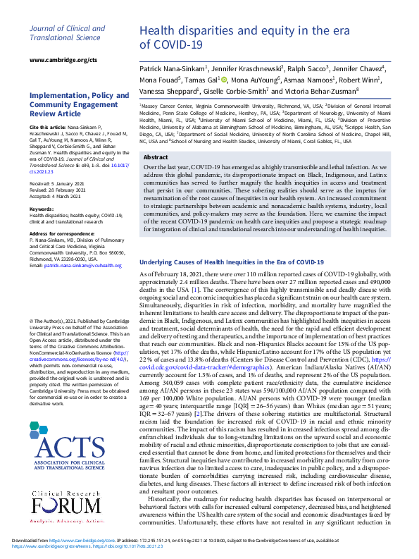 (PDF) Health disparities and equity in the era of COVID-19