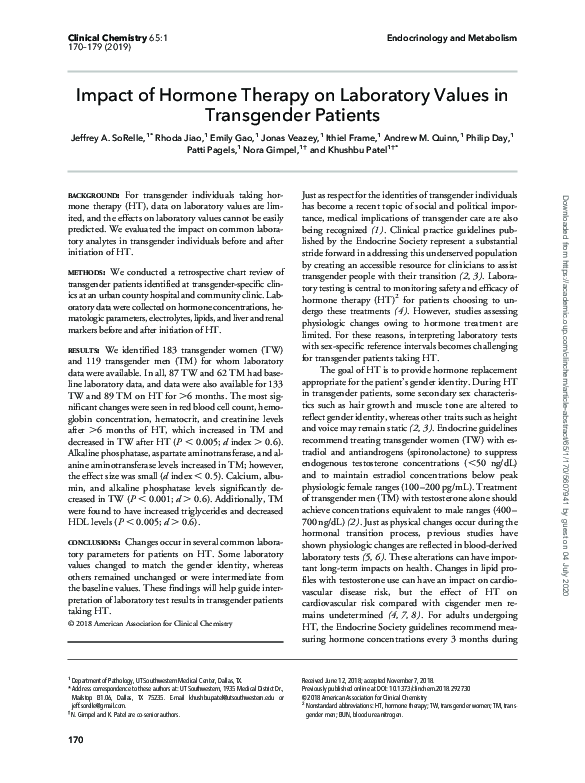 (PDF) Impact of Hormone Therapy on Laboratory Values in Transgender ...