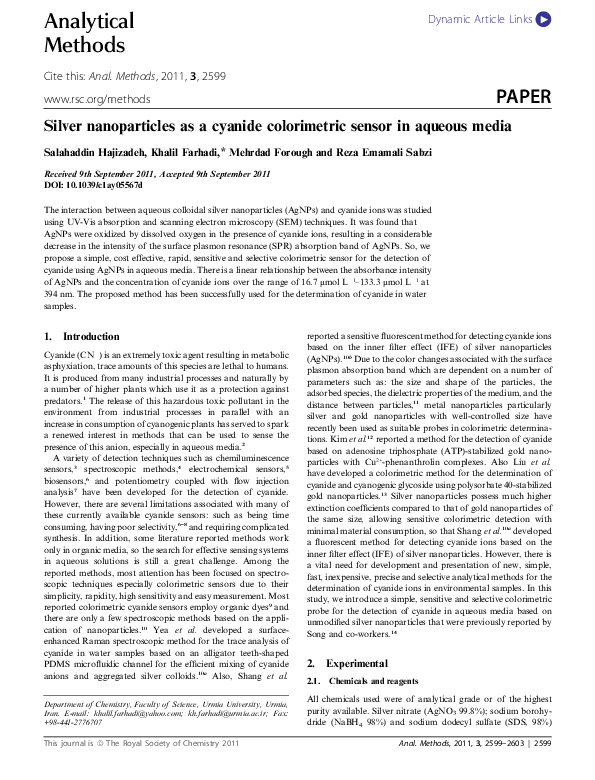 (PDF) Silver nanoparticles as a cyanide colorimetric sensor in aqueous ...