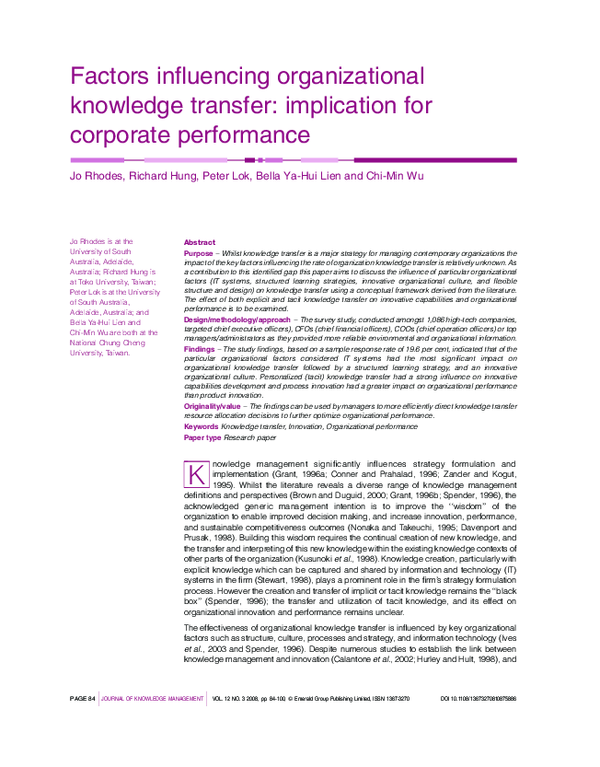 (PDF) Factors influencing organizational knowledge transfer ...