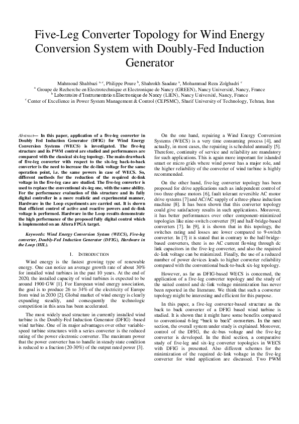 (PDF) Five-leg converter topology for wind energy conversion system ...