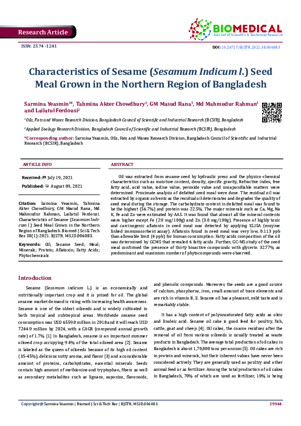 (PDF) Characteristics of Sesame (Sesamum Indicum l.) Seed Meal Grown in